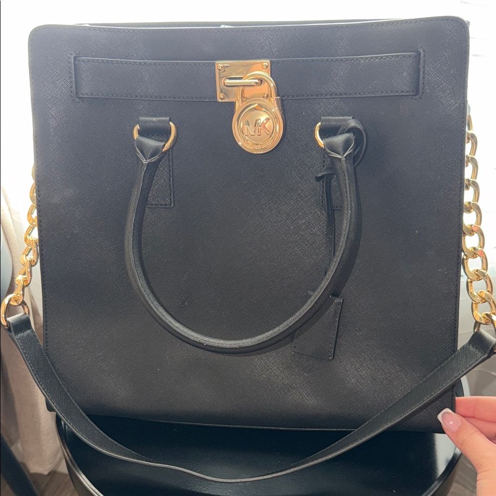 Michael Kors Black Saffiano Satchel with Gold Chain Accents